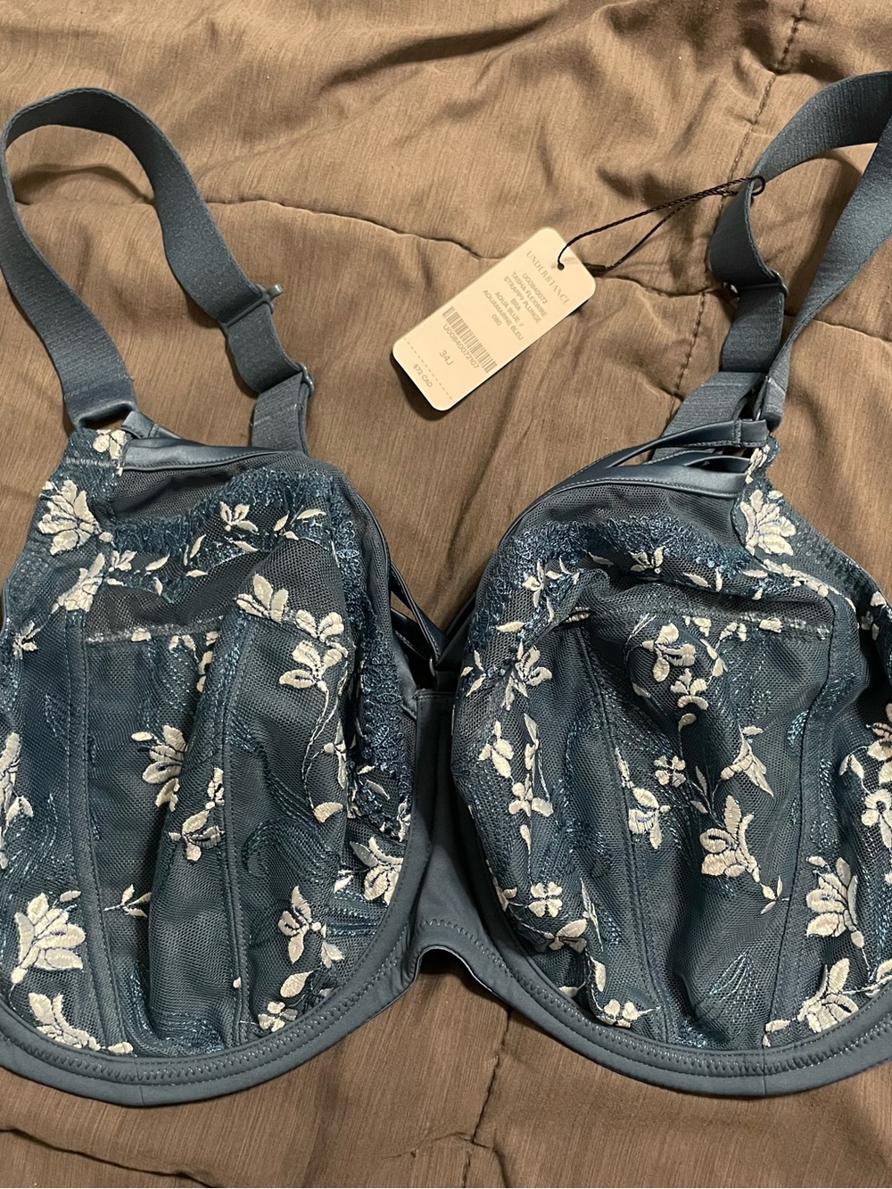 Embroidered Underwire Bra in Slate Blue with Ivory Floral Accents